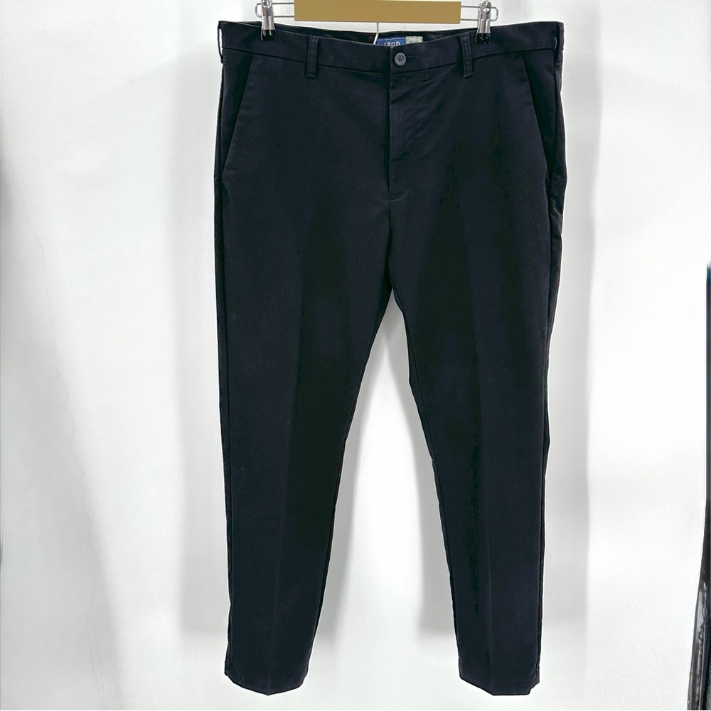 IZOD Pants Men’s 38x32 Black Slim Fit Flat Front Casual Chino READ